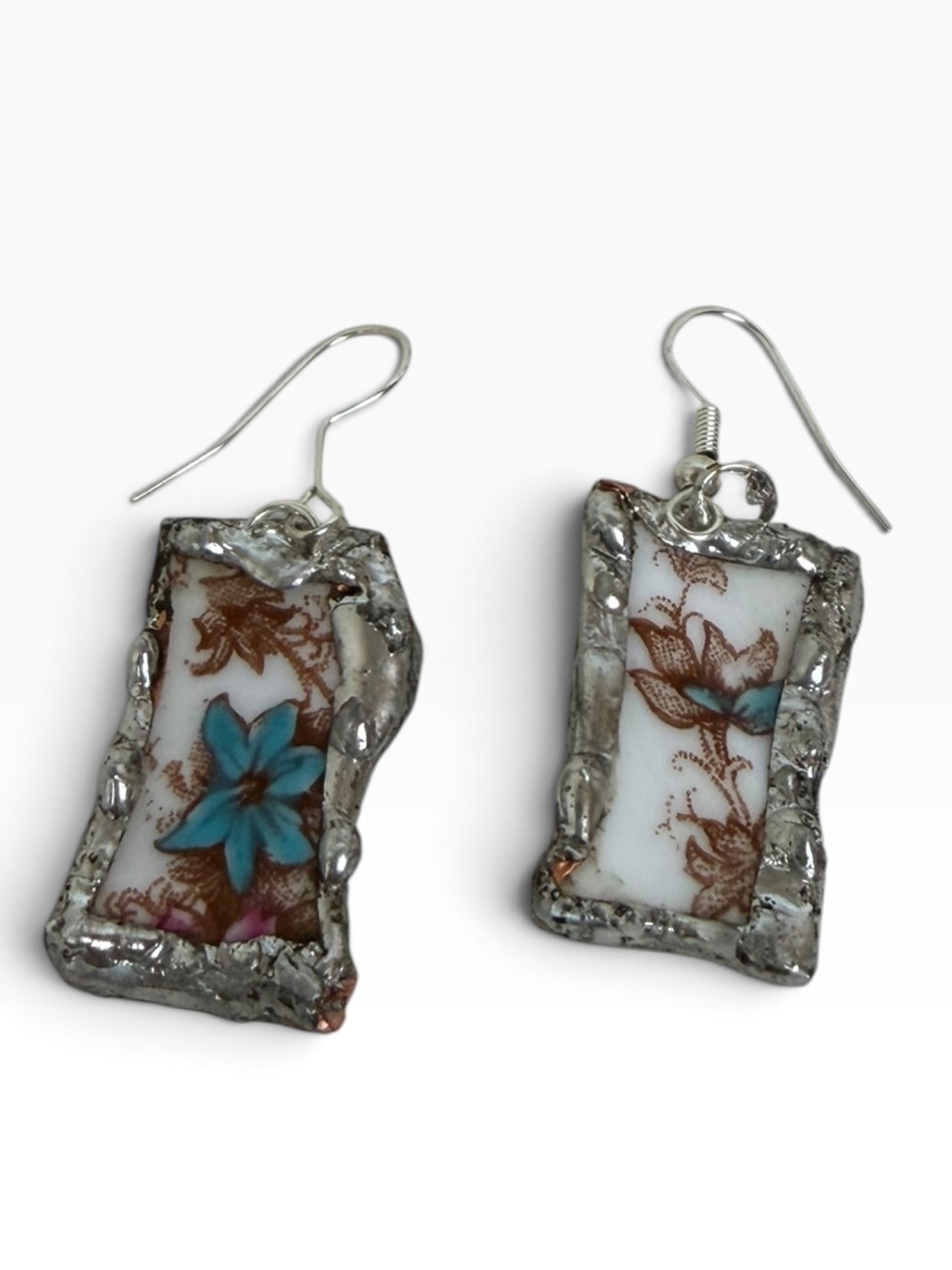 Minton Broken China Jewelry Floral Porcelain Shard Drop Earrings Teal Brown